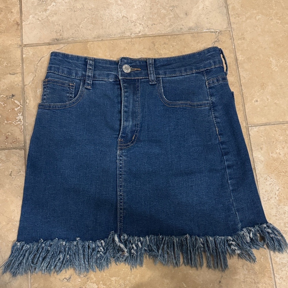 Blue Blush Denim Mini Skirt with Fringe Hem